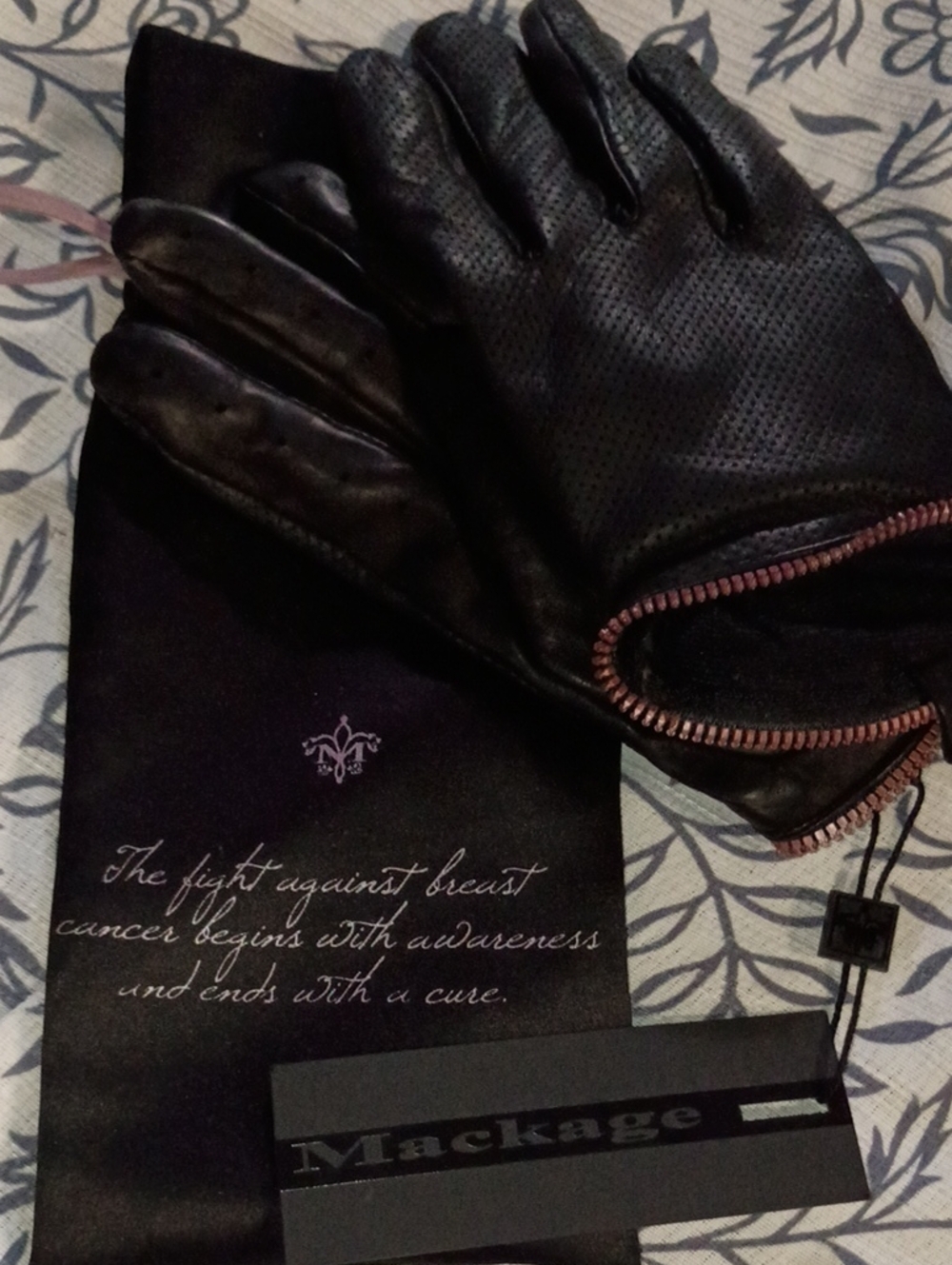 Mackage Black Perforated Leather Men's Gloves with Rose-Zip Detail
